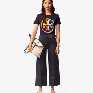 Tory Burch Womans Dark Wash Wide Leg Palazzo Jeans